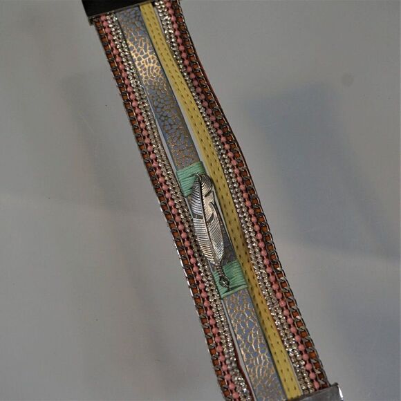 Feather Charm Faux Leather Wrap Bracelet Bling Multi Layer With Magnetic Clasp - Picture 6 of 8